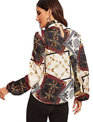 Romwe Women's Elegant Printed Stand Collar Long Sleeve Workwear Blouse Top Shirts Black Chain Print M