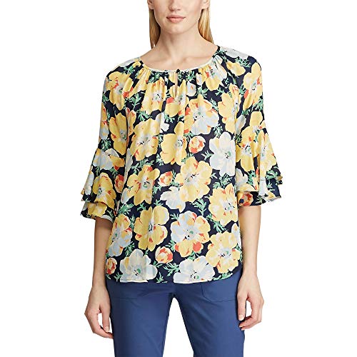 Chaps Women's Layered Bell Sleeve Relaxed Silk Georgette Top, Capri Navy/Yellow, S-Petite Size