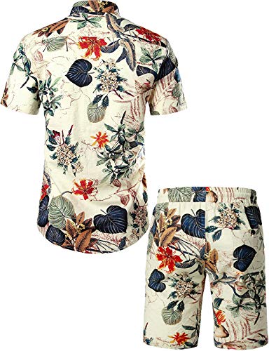 JOGAL Men's Flower Casual Button Down Short Sleeve Hawaiian Shirt Suits Medium White