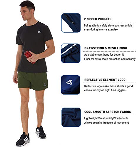SILKWORLD Men's Running Stretch Quick Dry Shorts with Zipper Pockets(Pack of 3), Black, Army Green, Light Grey, Medium