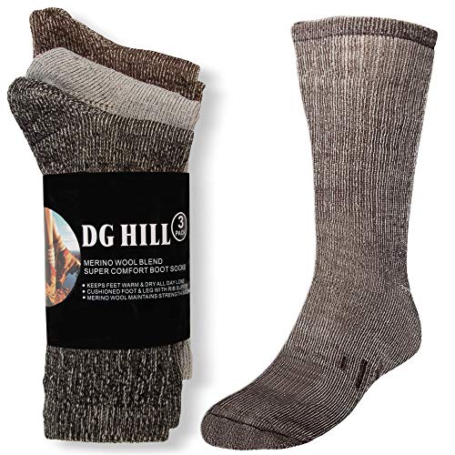 3 Pairs Thermal 80% Merino Wool Socks Hiking Crew, black, gray, brown, men’s shoe size 9-12, women’s 11-13