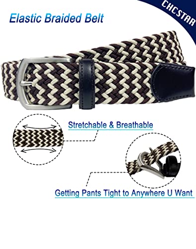 CHCSTAR Elastic Men Belt Leather - Stretch Braided Men Dress Belt for Jeans Pants Plus Size - Brown/Beige 59