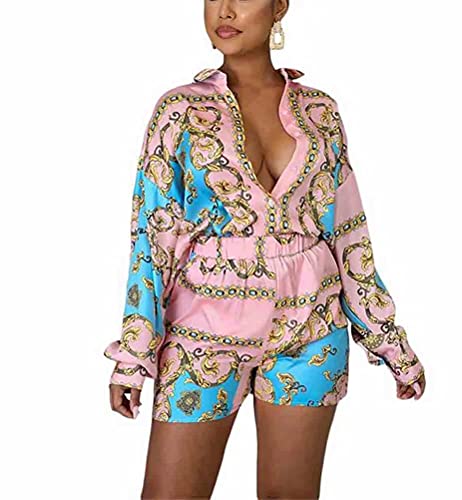 ThusFar Women Jogging 2 Piece Outfits Full Sleeve Chain Printed Tops Button Down Mini Dress Sets with Shorts Set Track Pink XXL