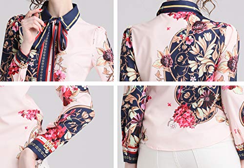 Women's Tie Neck Floral Print Shirt Casual Long Sleeve Button up Blouse Top