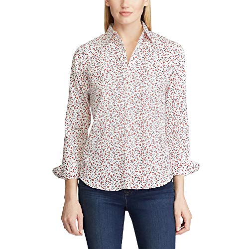 Chaps Women's Long Sleeve Non Iron Cotton Sateen-Shirt, Pearl/RED, XS
