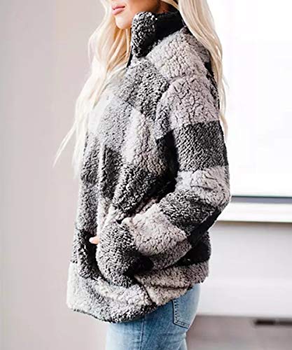 ZESICA Women's Plaid Long Sleeve Zipper Sherpa Fleece Sweatshirt Pullover Jacket Coat with Pockets,Grey,X-Large