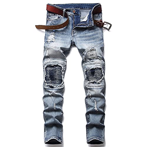 XIMXIMMTIAN Men's Biker Moto Washed Distressed Slim Fit Straight Jeans Denim (28, 1577 Blue)