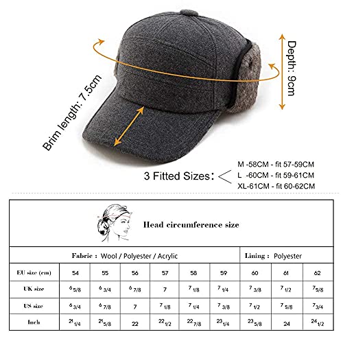 Comhats Winter Wool Baseball Cap Earflap Hat Faux Fur Ear Flap Hat for Men Hunting Fitted Hat Black Unisex