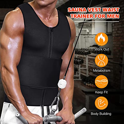 Cimkiz Mens Sweat Sauna Vest for Waist Trainer Zipper Neoprene Tank Top, Adjustable Sauna Workout Zipper Suit(Black Large)