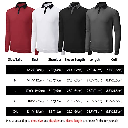 NeedBo Men's Long Sleeve Polo Shirt Contrast Color Sport Golf Shirt with Knit Hem White XXL