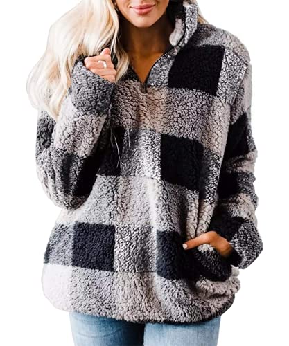 ZESICA Women's Plaid Long Sleeve Zipper Sherpa Fleece Sweatshirt Pullover Jacket Coat with Pockets,Grey,X-Large