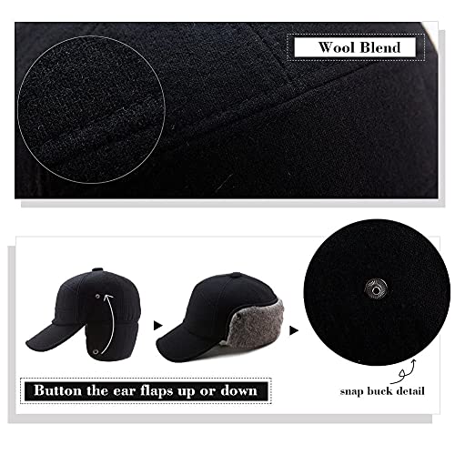 Comhats Winter Wool Baseball Cap Earflap Hat Faux Fur Ear Flap Hat for Men Hunting Fitted Hat Black Unisex