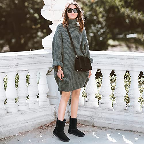 Women's Winter Snow Boots Warm Cow Suede Leather Mid Calf Boots Ankle Booties(Black,US9)