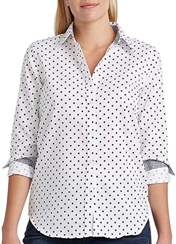Chaps Women's Long Sleeven Non Iron Broadcloth Shirt, Pearl/Capri Navy, S