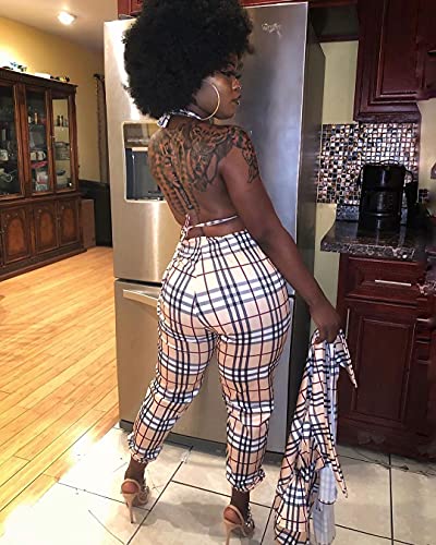 THLAI Women Casual Plaid 2 Piece Outfits Open Front Long Sleeve Blazer with Matching Bra and Long Pants Set 3 Piece Outfits