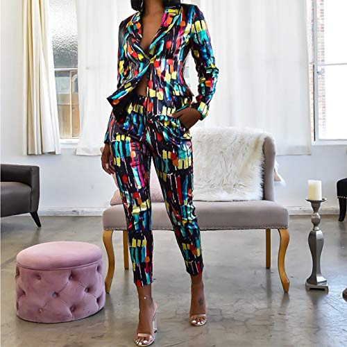 Women Lapel Collar Long Sleeve Top Jacket Pants 2 Piece Suit Set Outfits Elegant Uniform Suits Letter Print Multicolored Large