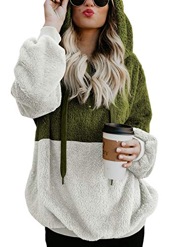 Chase Secret Womens Winter Plaid Fleece Long Sleeve Full Zipper Open Front Pocketed Sherpa Teddy Jacket Sweater Coats Bomber Jackets for Women Outerwear Army Green XX-Large
