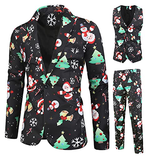 WUHOVILA Christmas Suit For Men,Men's Three-Piece Suit Business Wedding Christmas Party Jacket Vest And Pants(D-Black,4XL)