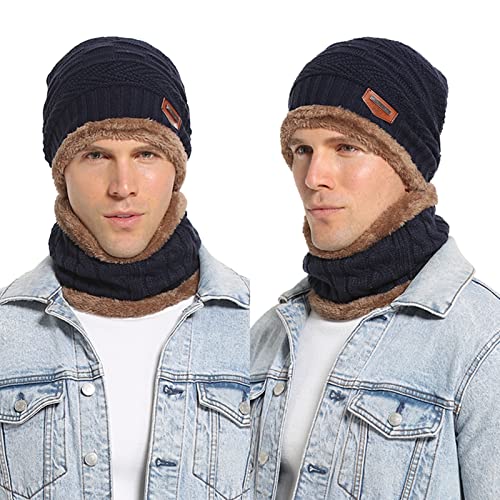 Mens Womens Winter Beanie Hat Scarf Set Warm Knit Hat Thick Fleece Lined Winter Cap Neck Warmer for Men Women