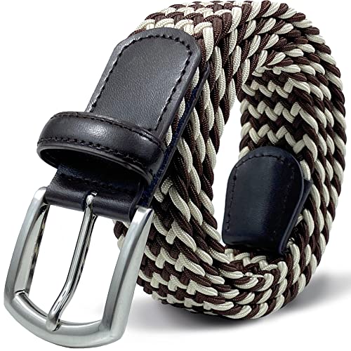 CHCSTAR Elastic Men Belt Leather - Stretch Braided Men Dress Belt for Jeans Pants Plus Size - Brown/Beige 59