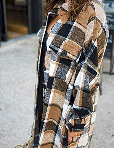 Omoone Women's Lounge Lapel Button Up Long Sleeve Plaid Long Shirt Jacket Shacket(O1766-Brown-L)