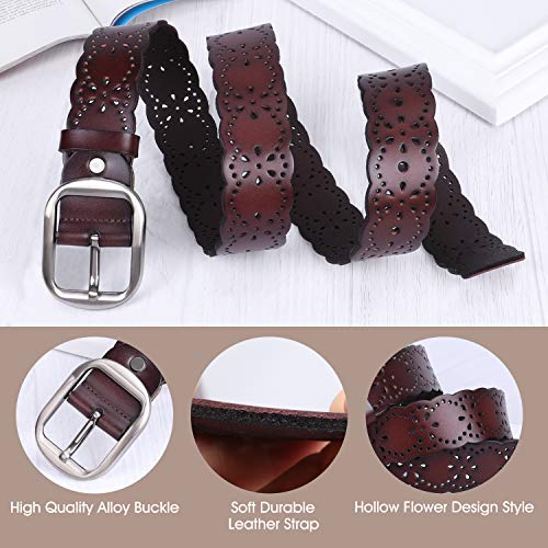 JASGOOD Women’s Hollow Flower Genuine Cowhide Leather Belt With Alloy Buckle needs dark brown and a size Waist Size 26-30 Inch