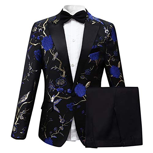 Cloudstyle Mens 2 Piece Floral Dress Suit One Button Dinner Tuxedo Jacket & Pants Blue