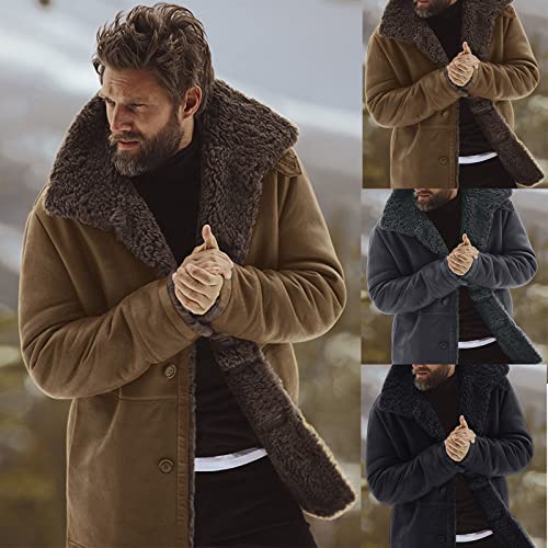 Men's Plus Fleece Jacket Mountaineering Warm Sherpa Trucker Coat Suit Lapel Cardigan Button Warm Winter Thick Overcoat Brown