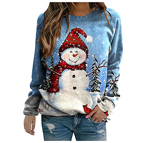 Womens Christmas Tops Cute Printed Tshirts Long Sleeve Pullover Casual Crewneck Sweatshirt Loose Comfy Tops Light Blue