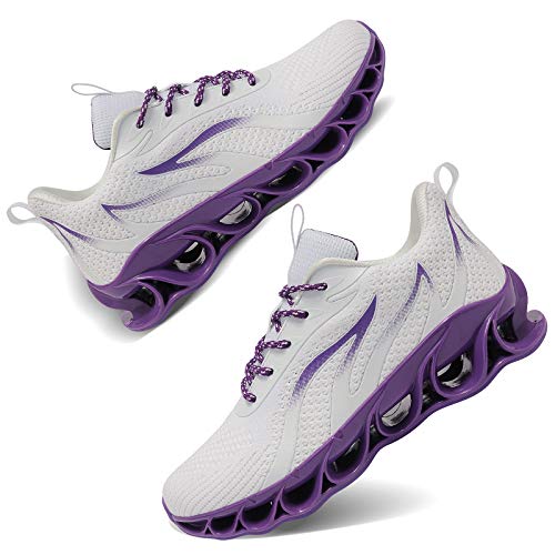 MOSHA BELLE Women Gym Tennis Shoes Fashion Walking Street Running Daily Basic Knit Sneakers White Purple Size 7