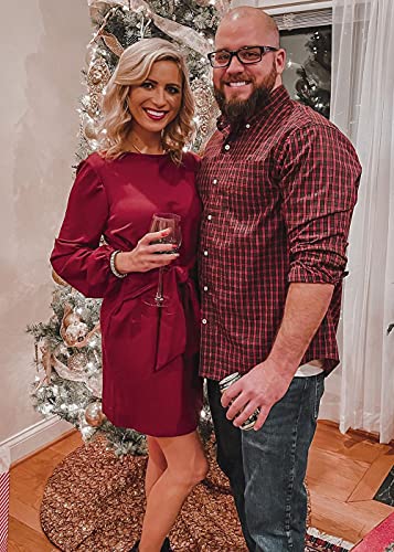 PRETTYGARDEN Women’s Elegant Long Lantern Sleeve Short Dress Crewneck Tie Waist Knit Cocktail Dress Wine Red