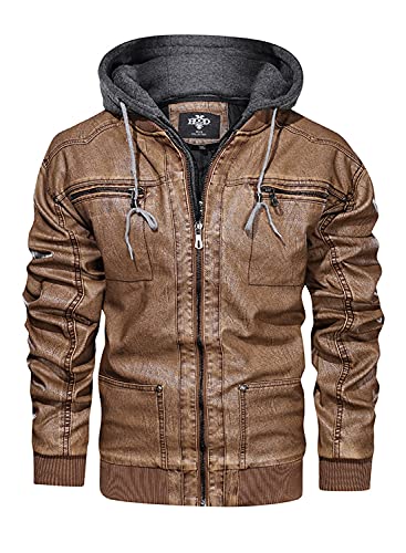 Hood Crew Men's Warm PU Faux Leather Zip-Up Motorcycle Bomber Jacket With a Removable Hood Brown XXXL