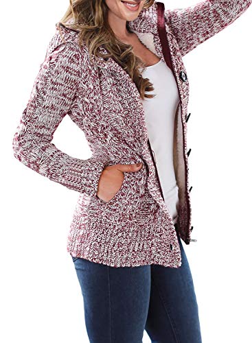 Sidefeel Women Hooded Knit Cardigans Button Cable Sweater Coat Small Red