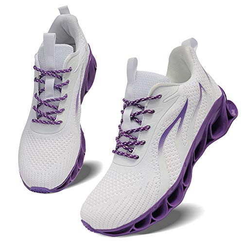 MOSHA BELLE Women Gym Tennis Shoes Fashion Walking Street Running Daily Basic Knit Sneakers White Purple Size 7