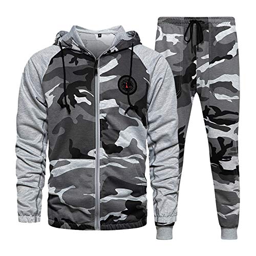 Men's Gym Contrast Jogging Full Tracksuit Hoodies Fleece Joggers Set, TZ57 Grey-L