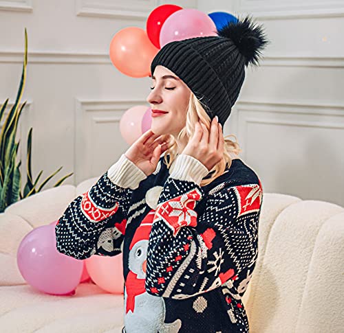 Simplicity Beanie Hat Winter Knitted Beanie for Women with Detachable Pompom Women Beanie with Pom Womens Beanie with Pom Pom, Womens Black Beanie