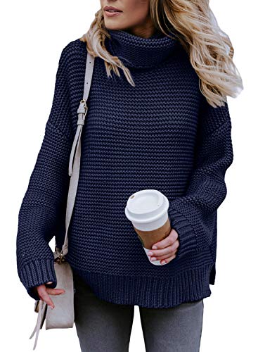 Actloe Women Casual Turtleneck Long Sleeve Chunky Knitted Pullover Sweaters Navy Large