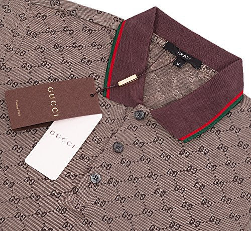 Gucci Polo Shirt, Mens Brown Short Sleeve Polo T- Shirt GG Print All Sizes (M)