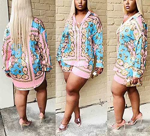 ThusFar Women Jogging 2 Piece Outfits Full Sleeve Chain Printed Tops Button Down Mini Dress Sets with Shorts Set Track Pink XXL