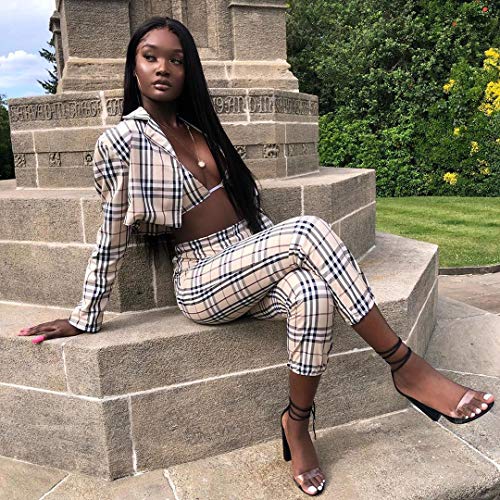 THLAI Women Casual Plaid 2 Piece Outfits Open Front Long Sleeve Blazer with Matching Bra and Long Pants Set 3 Piece Outfits