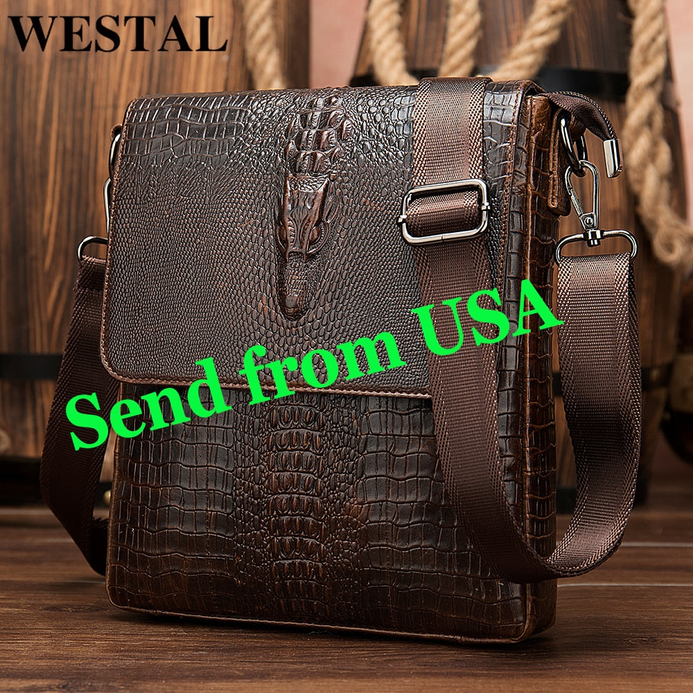 WESTAL Men's Shoulder Bag for Men Genuine Leather Crocodile Pattern Vintage Crossbody Bag for Men Flap Zipper Messenger Bag 8857