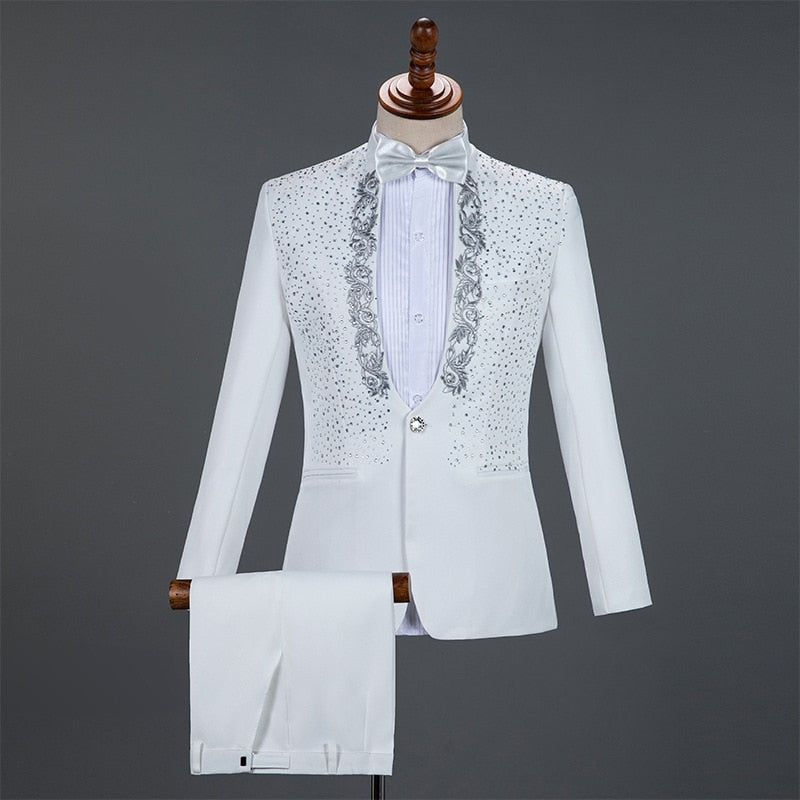 Diamond Royal Blue Men Suit Set Gold Embroidered Wedding Mens Slim Fit Tuxedo Mens Suits with Pants Prom Show Stage Costume Male