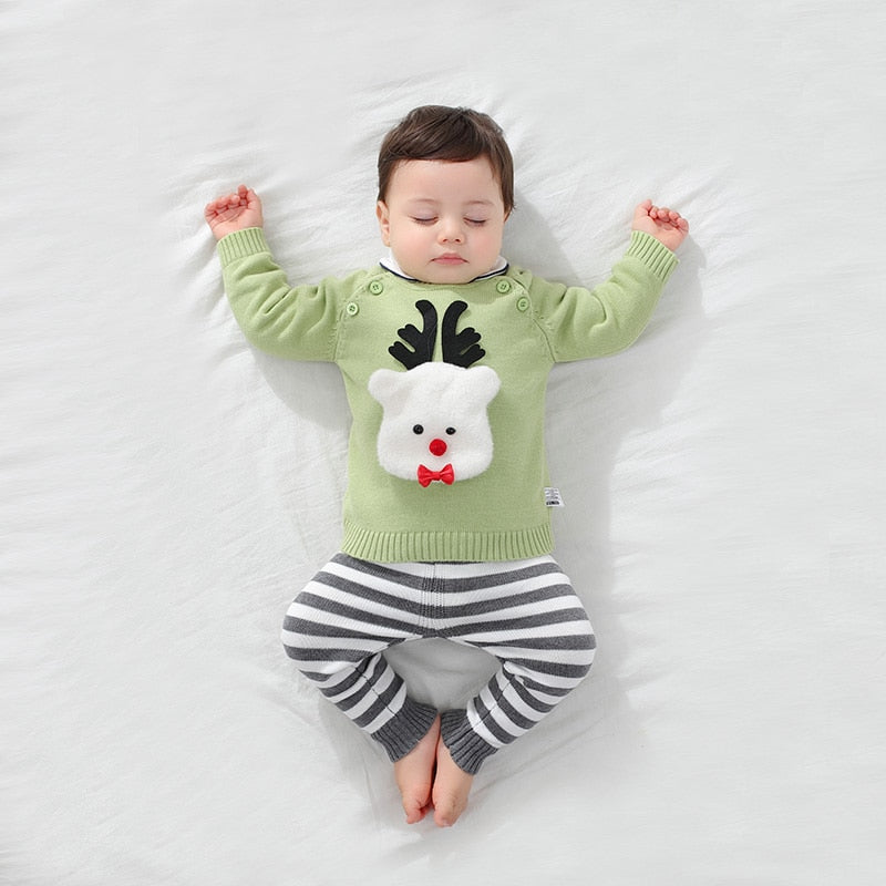 2022 New Autumn Winter Boutique Baby Clothing Sets Lovely Cartoon Pullover Sweater+Striped Pants Infant Boys Girls Sweater Suit