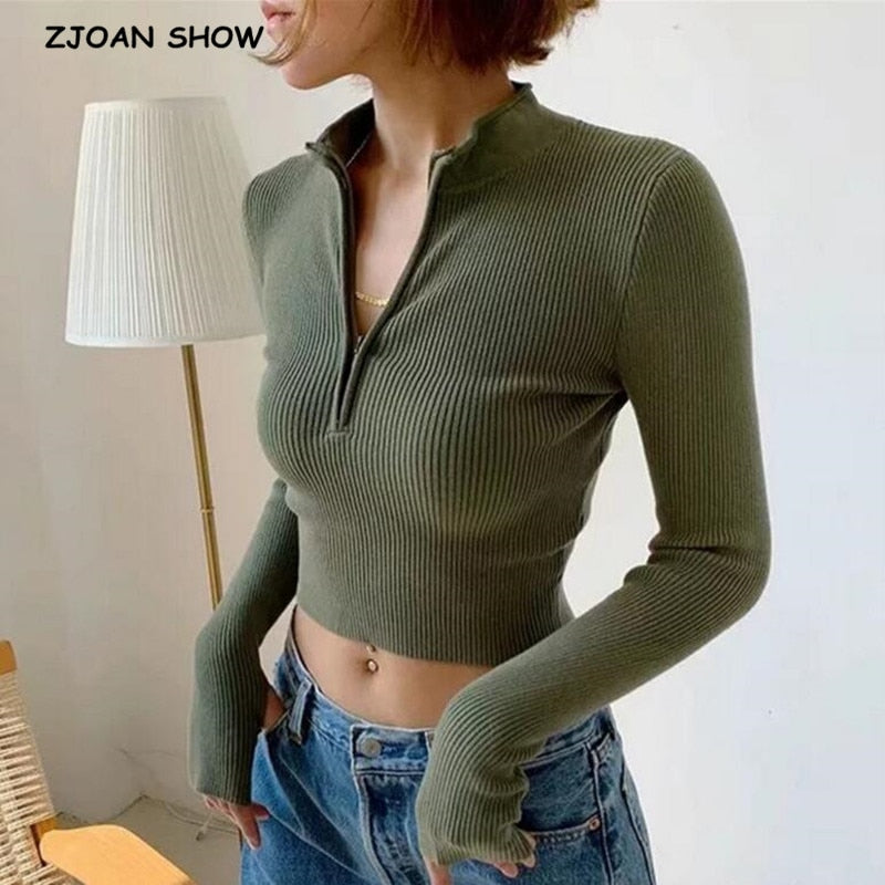 2020 Women Knit Striped Line Zipper Stand Collar Sweater Vintage Exposed navel Short Pullover Knitwear Long sleeve Jumper Tops