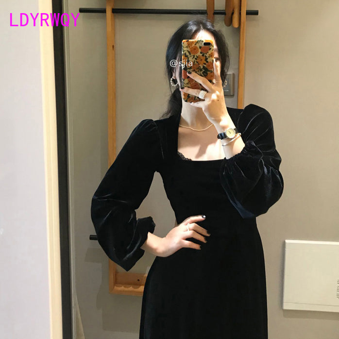 2020 spring new retro Hepburn style square collar waist velvet small dress female Regular  Knee-Length  Office Lady