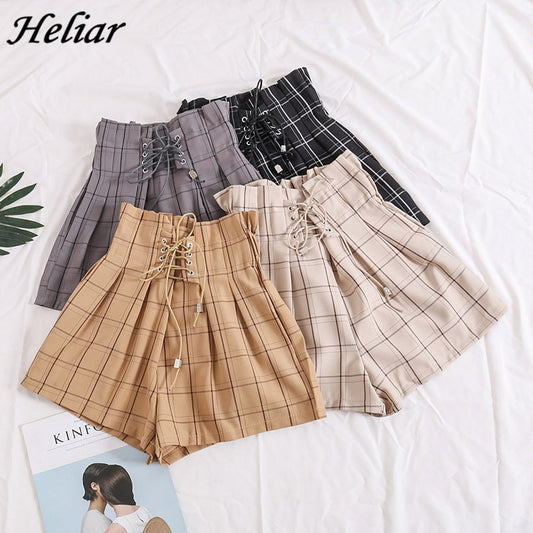 HELIAR 2022 Spring Women Plaid Shorts Elastic Waist Drawstring Wide Leg Shorts With Saches High Waist Shorts For Women