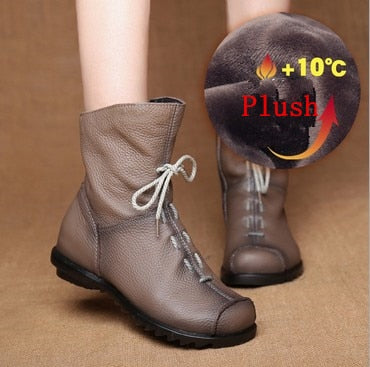JIANBUDAN/ Genuine Leather Plush women&#39;s short Boots Retro Casual Autumn Winter Women&#39;s Boots Waterproof leather warm Snow boots