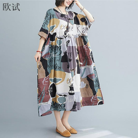 Oversized Print Summer Beach Long Dress 2022 Boho Ladies Dresses for Women New Fashion Femme Oversize Korean Cotton Casual Dress