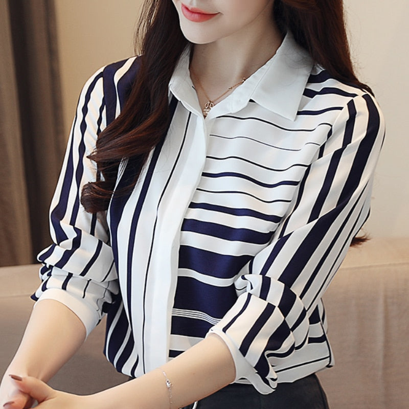 Long Sleeve Women Blouses Shirts Blouse Women 2021 Turn Down Collar Office Blouse For Women Striped Chiffon Blouse Shirt B648