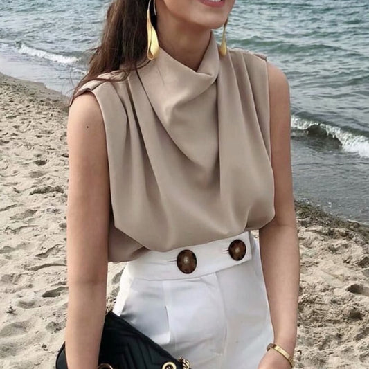 2020 casual solid turtleneck sleevless za women blouse tops female chic shoulder pad khaki back zipper summer shirt femme